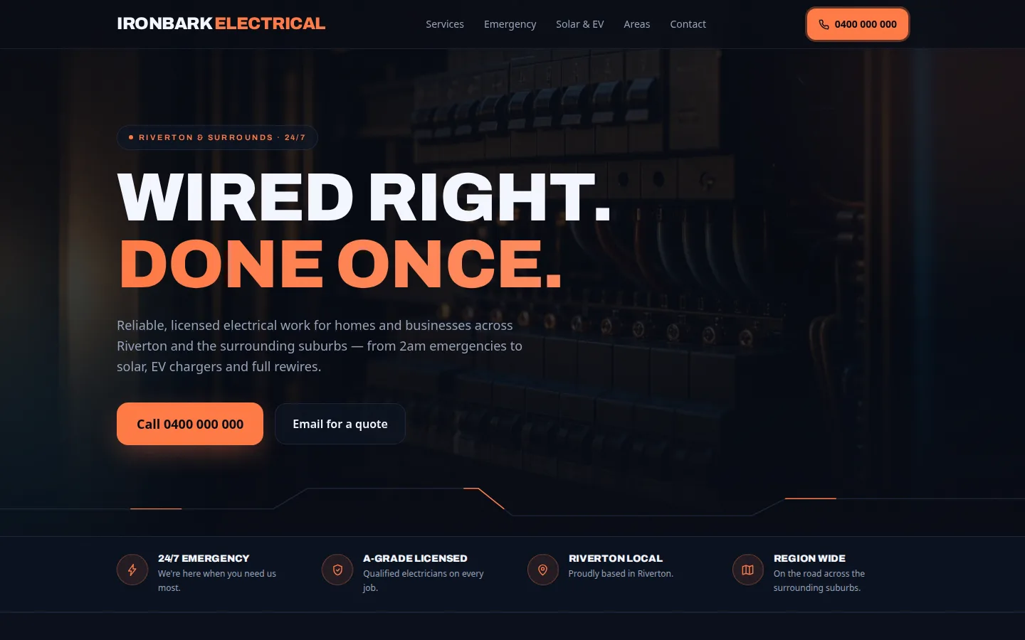 Example build: Ironbark Electrical demo website on desktop